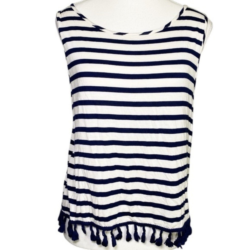 Everly Navy and White Striped Women's Tank Top with Tassels